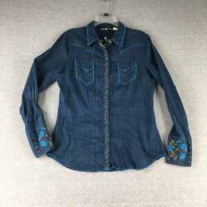 Stetson Blue Plaid Blouse with Floral Embroidery